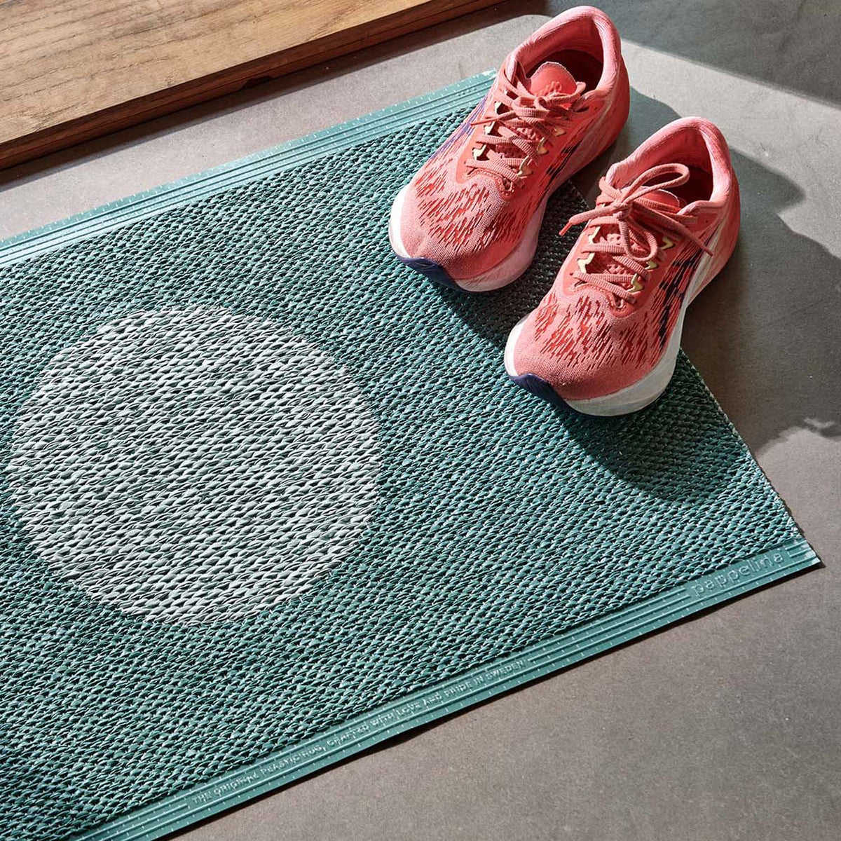 Vera Pop Jade Runner Rug by Pappelina, showing vera pop jade runner rug in live shot.