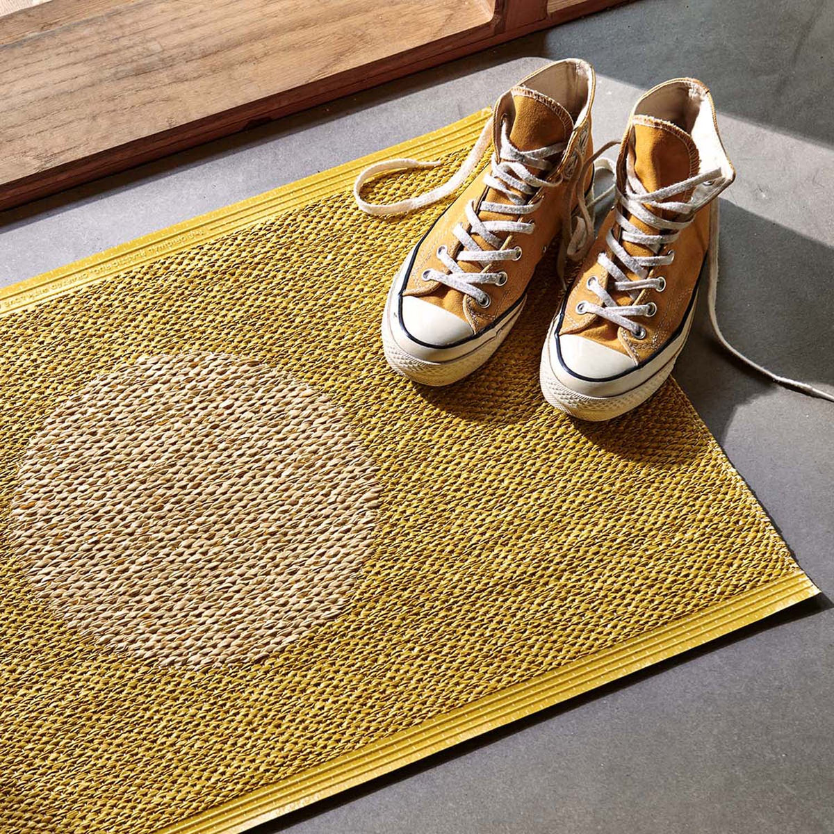 Vera Pop Mustard Runner Rug by Pappelina, showing vera pop mustard runner rug in live shot.