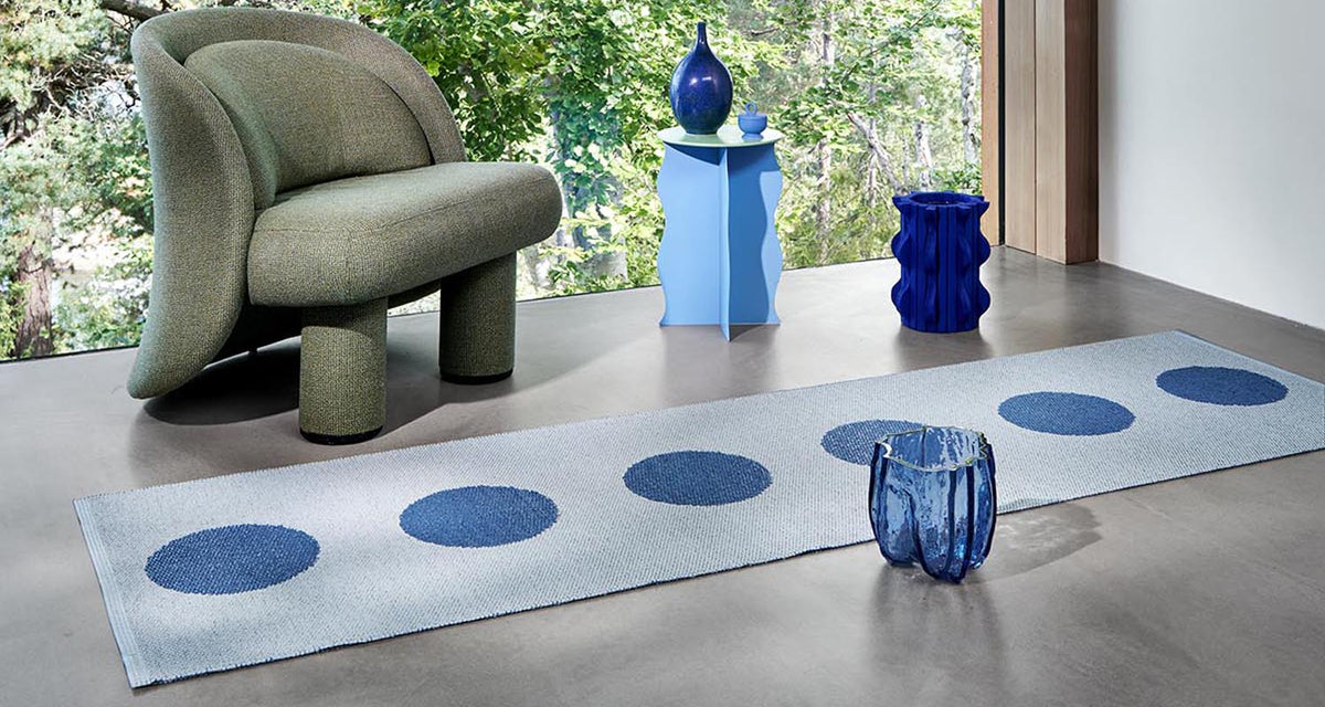 Vera Pop River Blue Runner Rug by Pappelina, showing vera pop river blue runner rug in live shot.