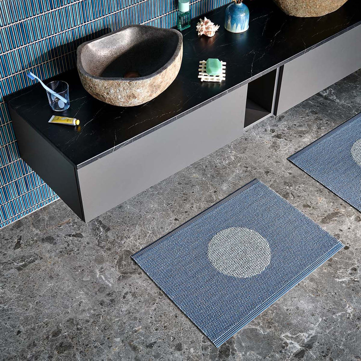 Vera Pop River Blue Runner Rug by Pappelina, showing vera pop river blue runner rug in live shot.