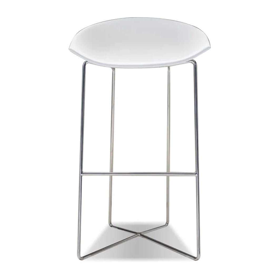Paraiso Bar Stool by Mobital, showing front view of paraiso bar stool in matte white solid surface/polished stainless steel legs.