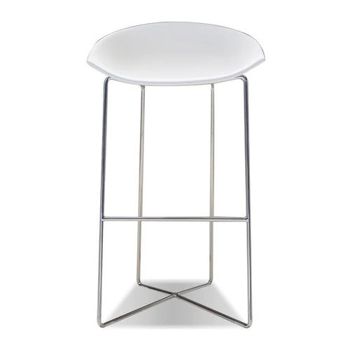 Paraiso Bar Stool by Mobital, showing front view of paraiso bar stool in matte white solid surface/polished stainless steel legs.