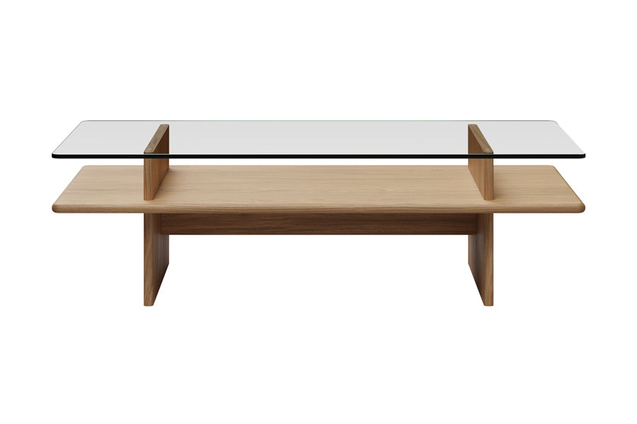 Parallel Coffee Table by Would, showing front view of parallel coffee table in rectangular/oak/glass.