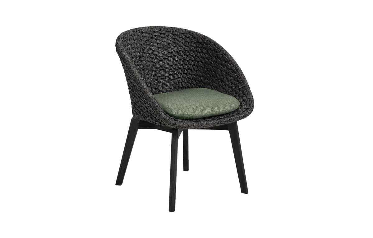 Peacock Outdoor Dining Chair by Cane-Line - Dark Grey Soft Rope/Black Aluminum Legs, Dark Green Link.