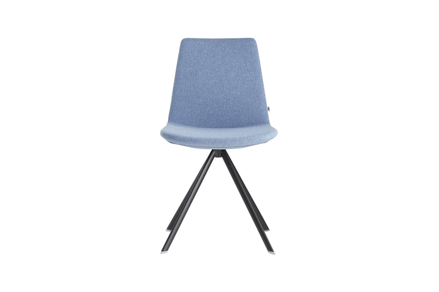 Pera Chair by B&T, showing front view of pera chairs in blue nino fabric + black base.