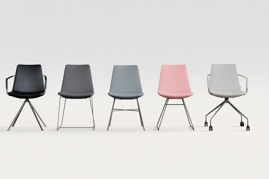 Pera Desk Chair by B&T, showing pera desk chair with different pera chairs in live shot.