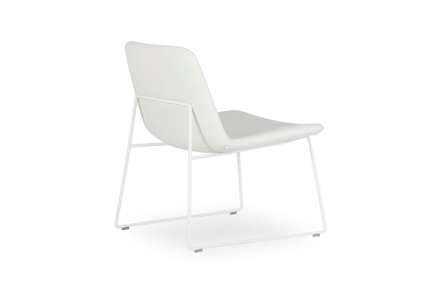 Pera Sled Lounge Chair by B&T, showing back view of pera sled lounge chair in white bugatti eco-leather + white ral base.