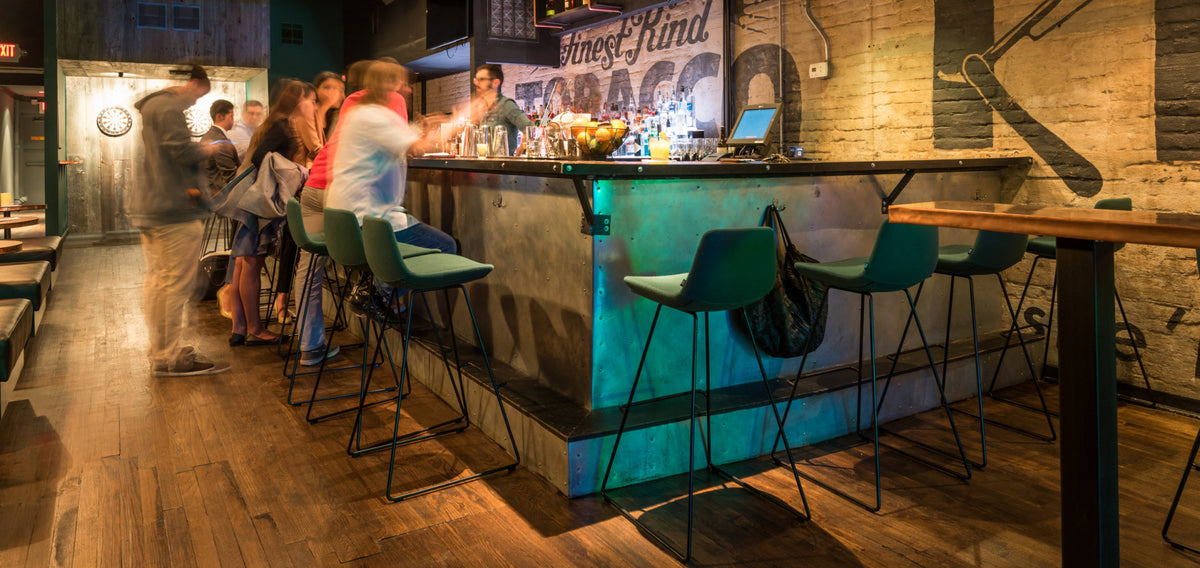 Pera Sled Stool by B&T, showing pera sled stools in live shot.