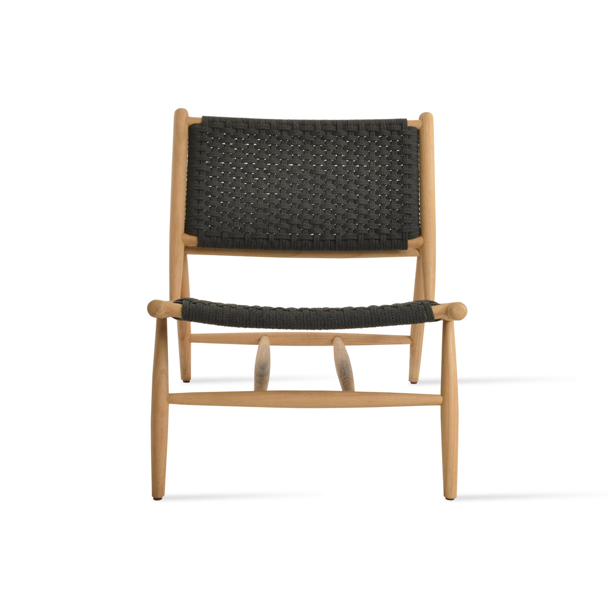 Phuket Lounge Chair by SohoConcept, showing front view of phuket lounge chair in teak wood/polyester rope/no seat cushion.