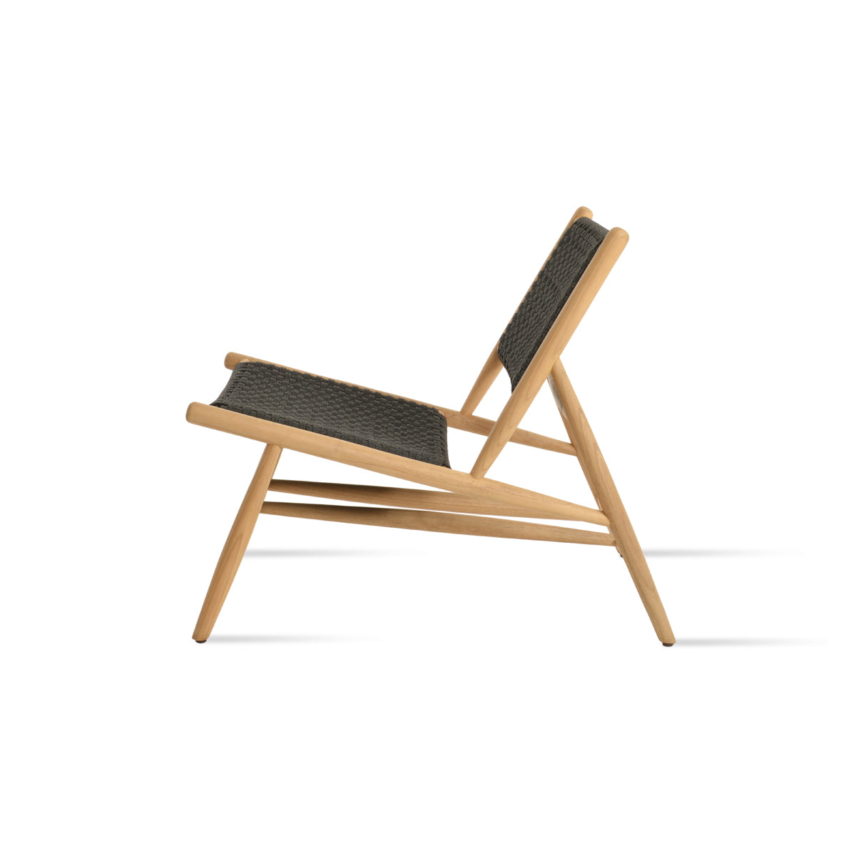 Phuket Lounge Chair by SohoConcept, showing side view of phuket lounge chair in teak wood/polyester rope/no seat cushion.