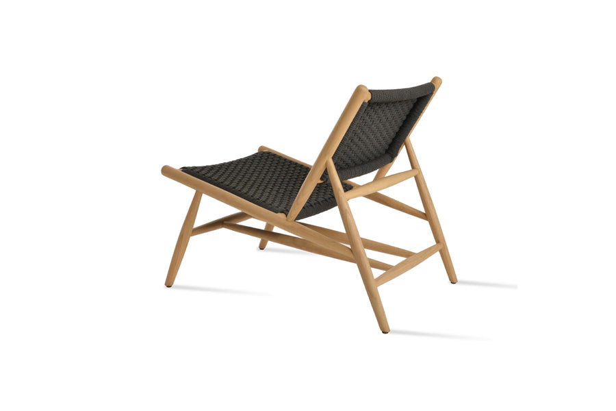 Phuket Lounge Chair by SohoConcept, showing back-angle view of phuket lounge chair in teak wood/polyester rope/no seat cushion.