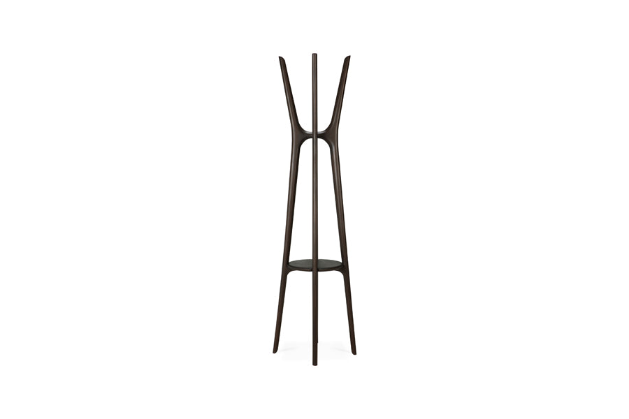 PI Coat Accessory by Ethnicraft, showing front view of pi coat accessory in stand/mahogany dark brown.
