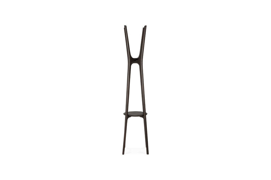 PI Coat Accessory by Ethnicraft, showing side view of pi coat accessory in stand/mahogany dark brown.