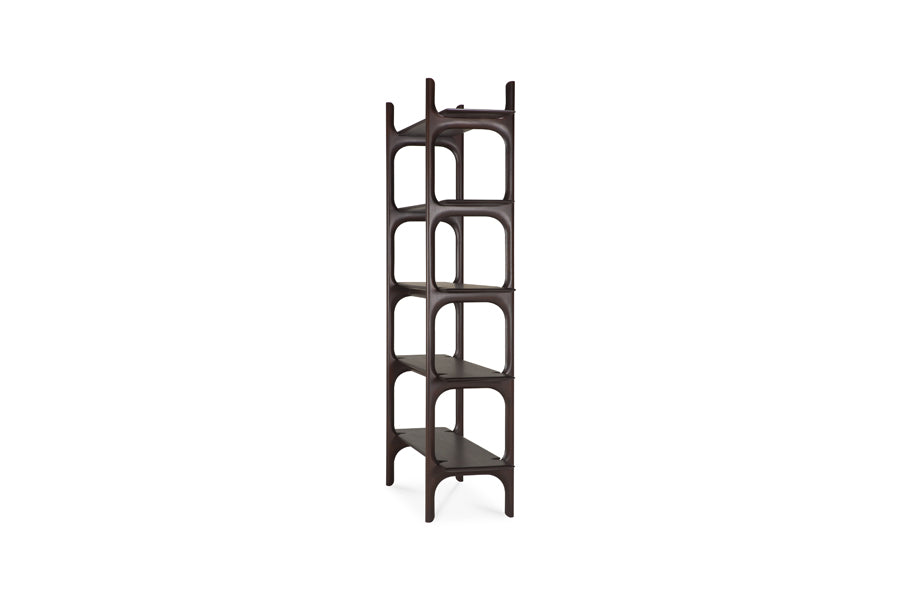 PI Rack by Ethnicraft, showing side view of pi rack in mahogany dark brown.