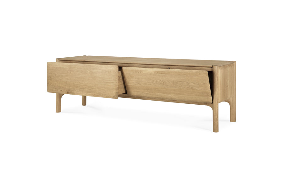PI TV Cupboard by Ethnicraft, showing angle view of opened pi tv cupboard in 1 drawer/oak.