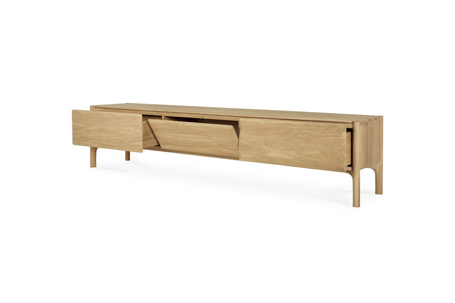 PI TV Cupboard by Ethnicraft, showing angle view of opened pi tv cupboard in 2 drawers/oak.