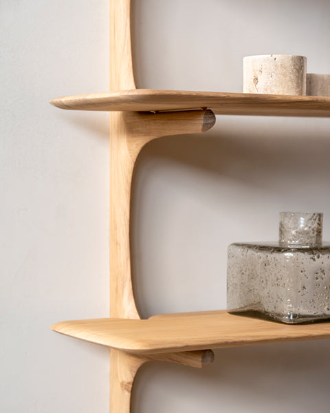 PI Wall Shelf by Ethnicraft, showing closeup view of pi wall shelf in live shot.