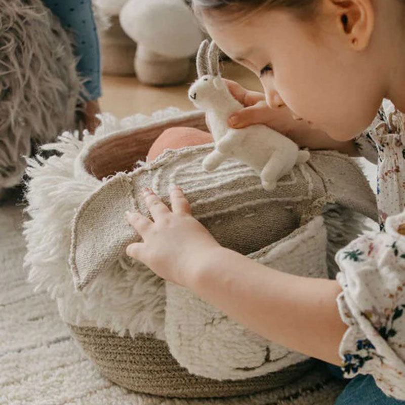 Pink Nose Sheep Woolable Basket  by Lorena Canals, showing pink nose sheep woolable basket in live shot.