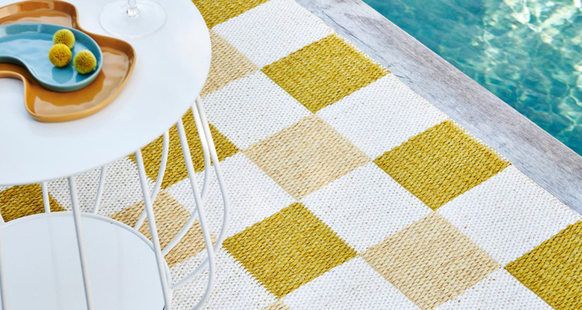 Pix Mustard & Vanilla with Pale Yellow Rug by Pappelina, showing pix mustard & vanilla with pale yellow rug in live shot.