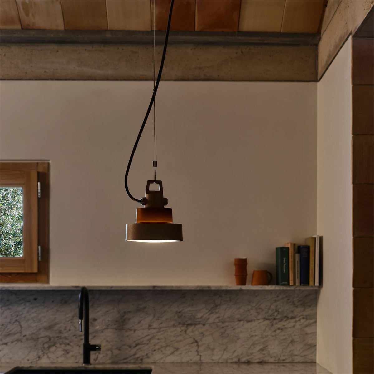 Plaff-On S IP65 Outdoor Pendant by Marset, showing plaff-on s ip65 outdoor pendant in live shot.
