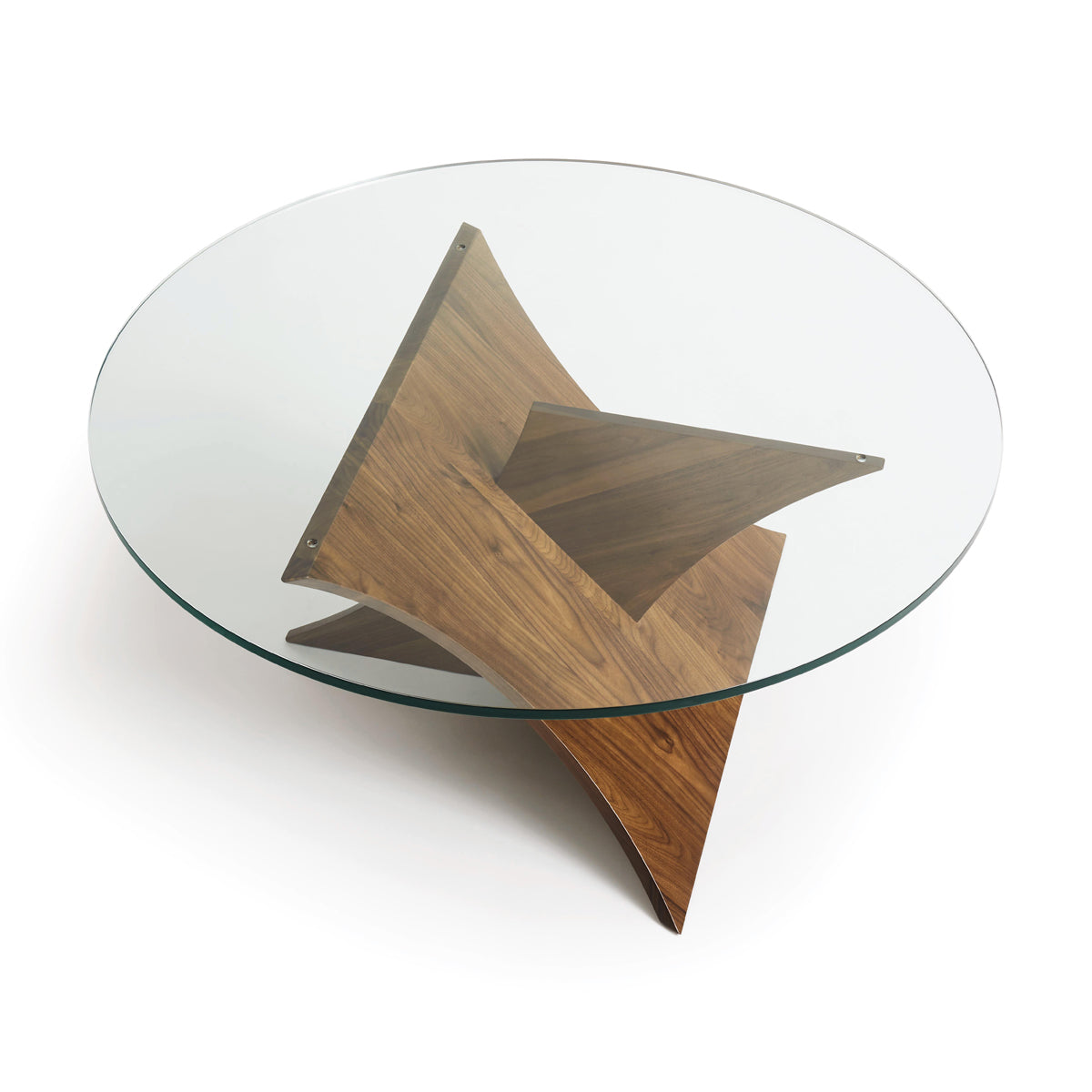 Planes Coffee Table by Copeland Furniture, showing top view of planes coffee table in natural walnut/clear glass.