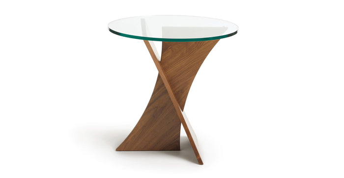 Planes End Table by Copeland Furniture, showing side view of planes end table in natural walnut/clear glass.