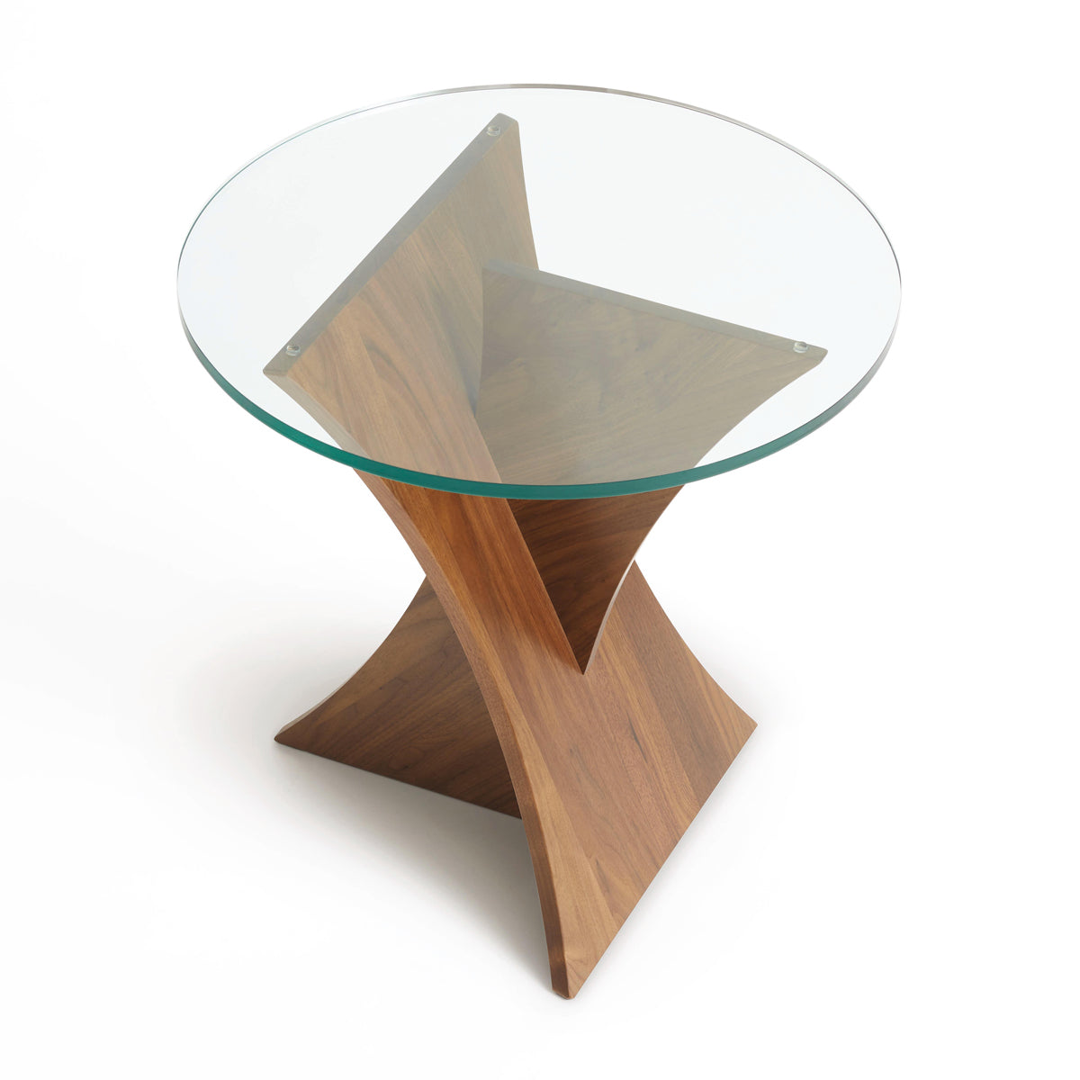 Planes End Table by Copeland Furniture, showing top view of planes end table in natural walnut/clear glass.