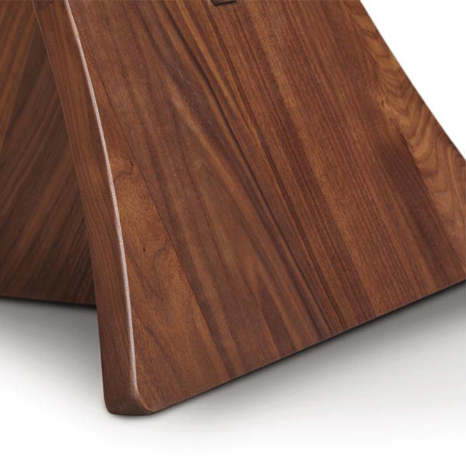 Planes End Table by Copeland Furniture, showing closeup view of planes end table in natural walnut/clear glass.