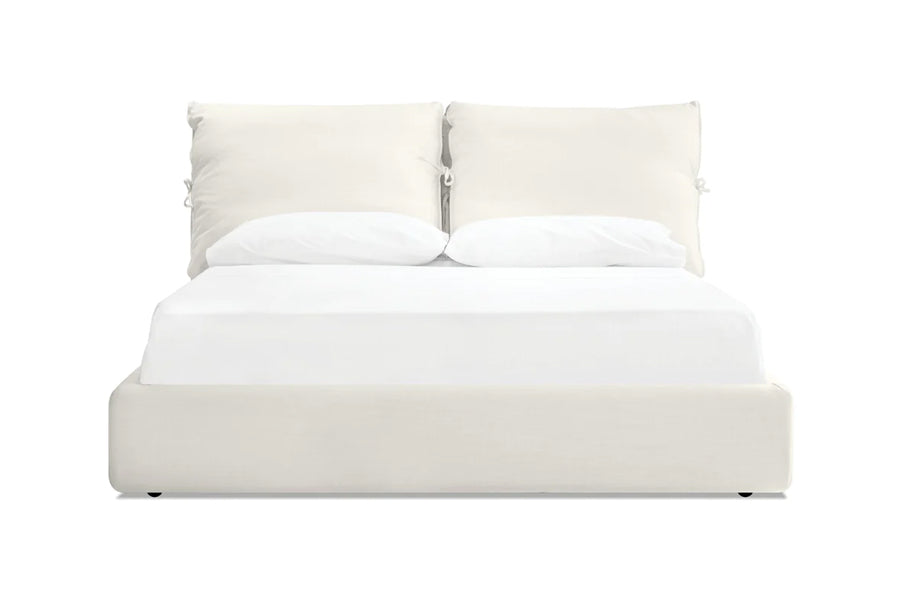 Plume Bed by Mobital, showing front view of plume bed in cream linen.
