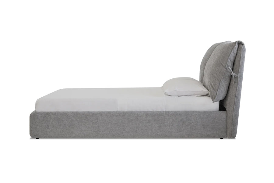 Plume Bed by Mobital, showing side view of plume bed in grey chenille.