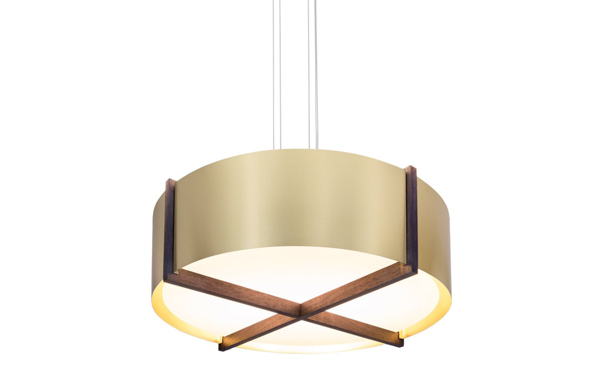Plura 24" Pendant Light 3K/4K LED by Cerno - Walnut Wood, Brushed Brass Shade.