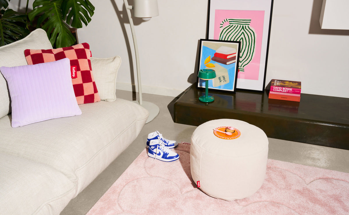 Point Recycled Cord Pouf by Fatboy, showing point recycled cord pouf in live shot.