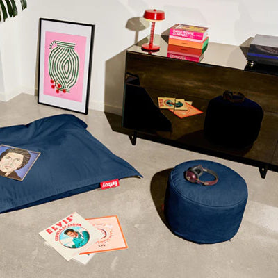 Point Recycled Cord Pouf by Fatboy, showing point recycled cord pouf in live shot.