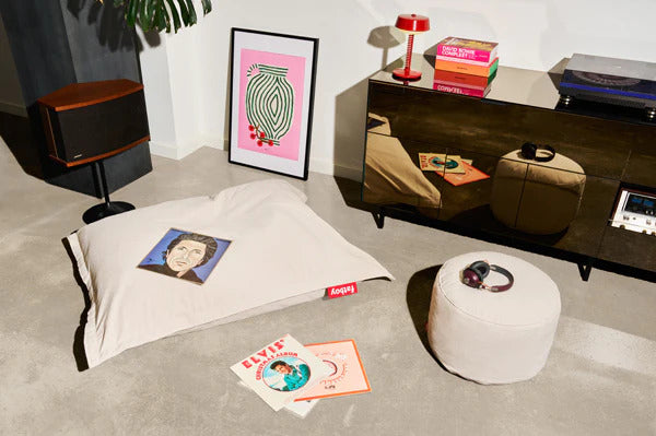 Point Recycled Cord Pouf by Fatboy, showing point recycled cord pouf in live shot.