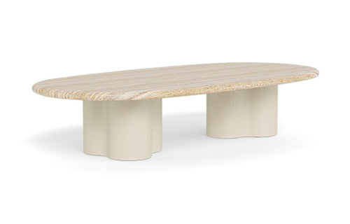 Porto Coffee Table by Harbour - Pill, Bone Aluminum, Travertine Natural.