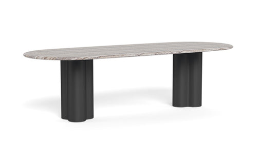 Porto Dining Table by Harbour - Pill, Asteroid Aluminum, Travertine Dark Grey.