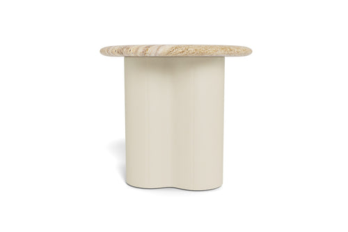 Porto Side Table by Harbour, showing back view of porto side table in bone aluminum/travertine natural.