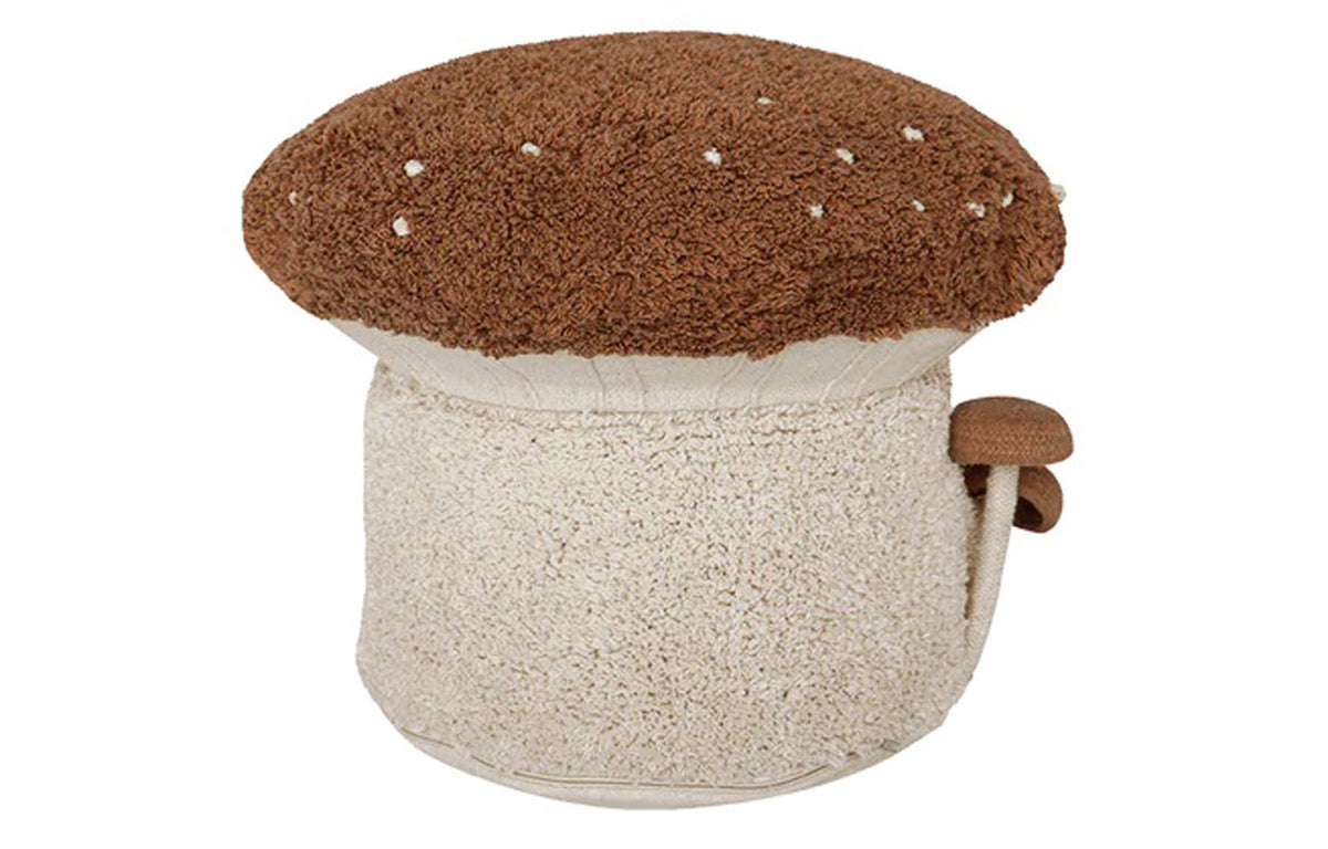 Mushrooms Hunts Boletus Pouf by Lorena Canals, showing front view of mushrooms hunts boletus pouf.
