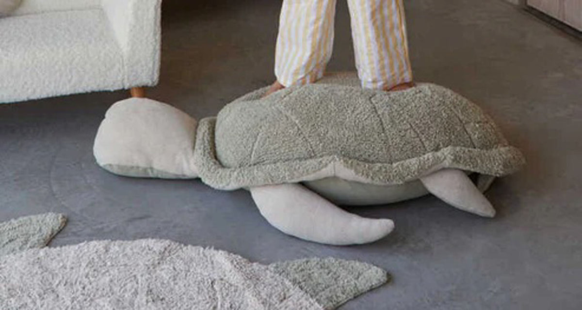 Pouf Kids Mrs. Turtle by Lorena Canals, showing pouf kids mrs. turtle in live shot.