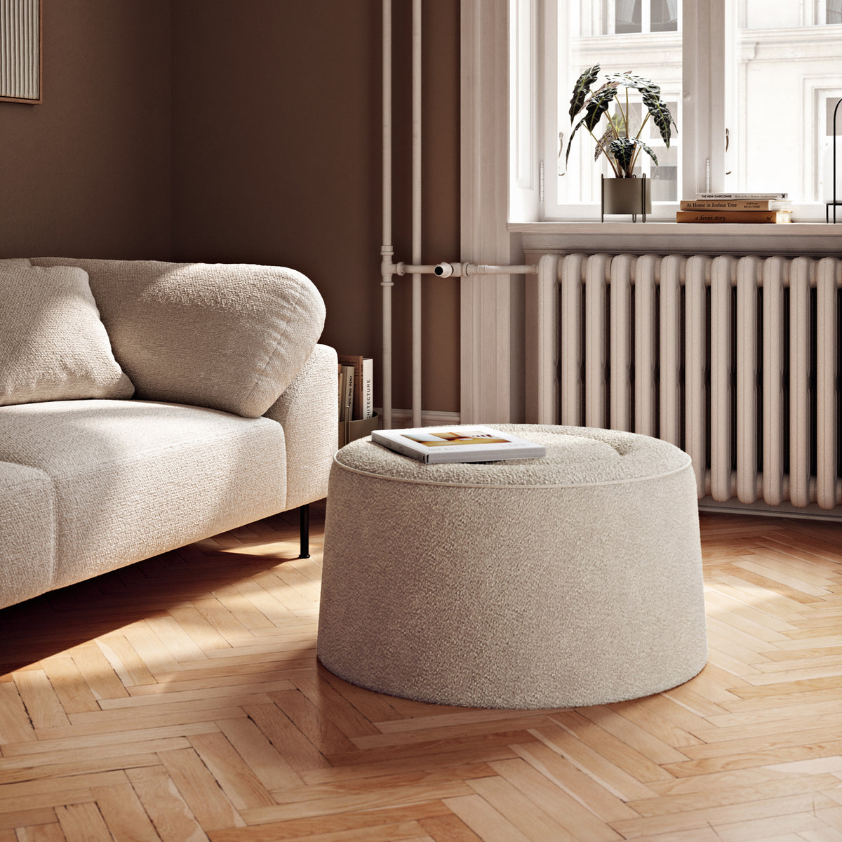 Praline Pouf by Woud, showing praline pouf in live shot.