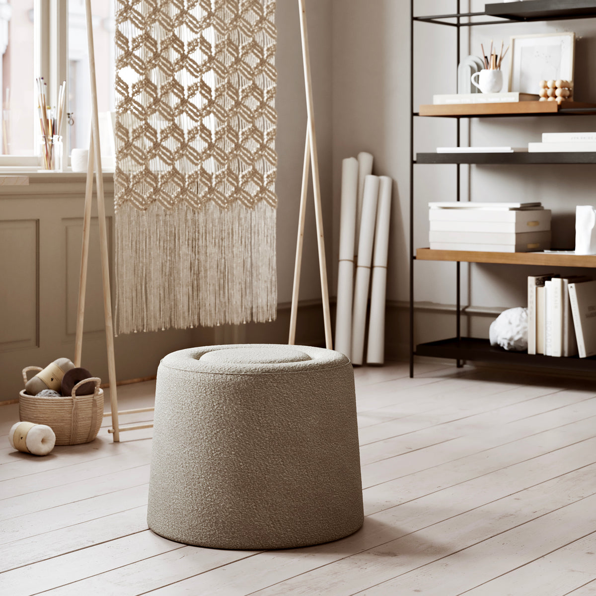 Praline Pouf by Woud, showing praline pouf in live shot.