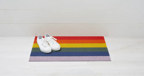 Pride Stripe Shag Floor Mat by Chilewich, showing pride stripe shag floor mat in live shot.