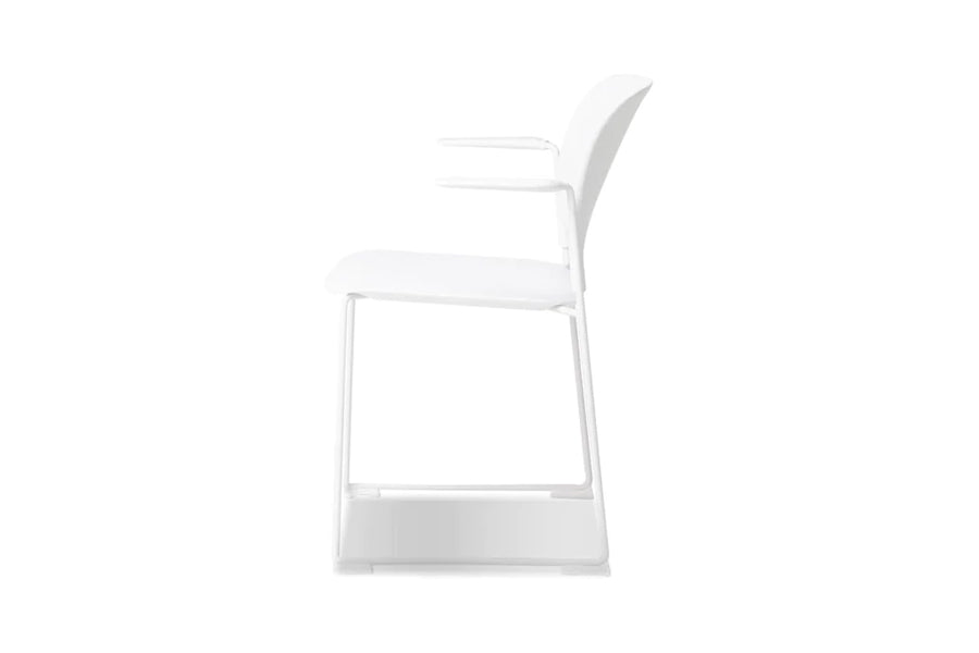 Pringle Stackable Dining Chair by Mobital, showing side view of pringle stckable dining chair in with arm/white.