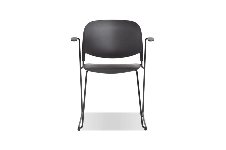 Pringle Stackable Dining Chair by Mobital, showing front view of pringle stckable dining chair in with arm/black.
