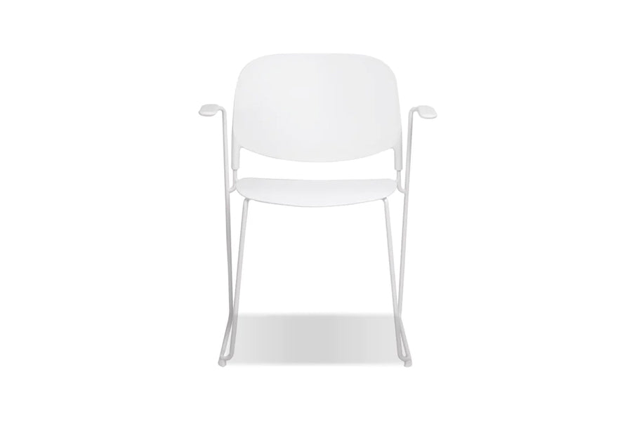 Pringle Stackable Dining Chair by Mobital, showing front view of pringle stckable dining chair in with arm/white.