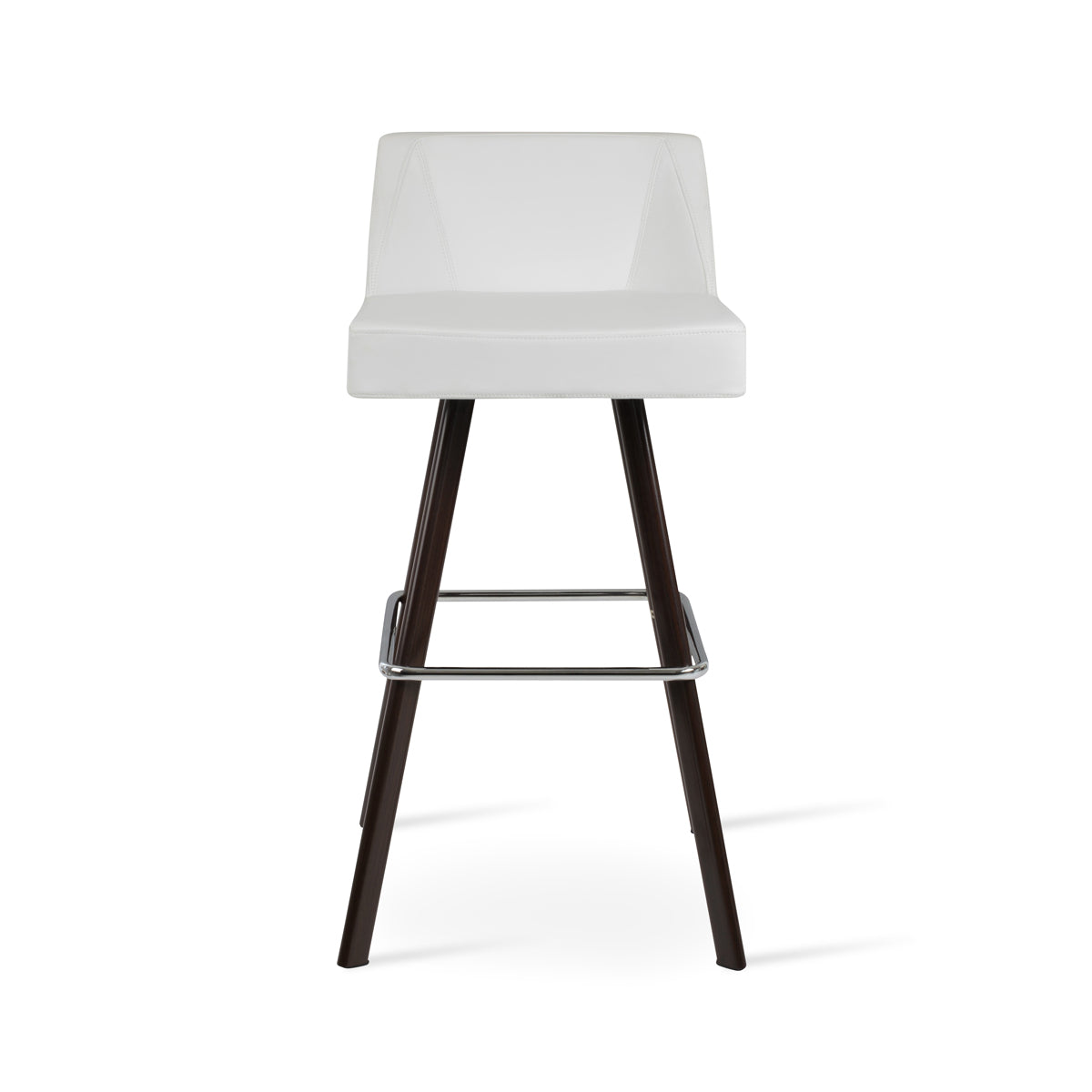 Prisma Sword Stool by SohoConcept, showing front view of prisma sword stool in bar/walnut veneer steel/white leatherette.