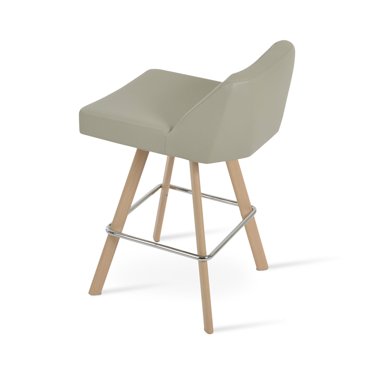 Prisma Sword Stool by SohoConcept, showing back view of prisma sword stool in counter/natural veneer steel/light grey leatherette.