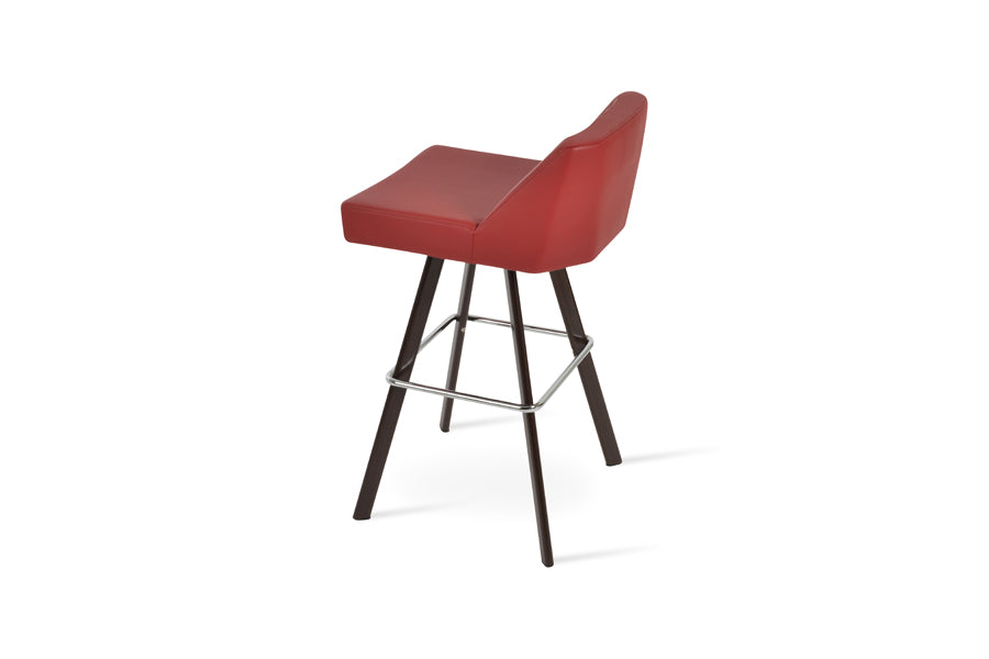 Prisma Sword Stool by SohoConcept, showing back view of prisma sword stool in bar/walnut veneer steel/red leatherette.