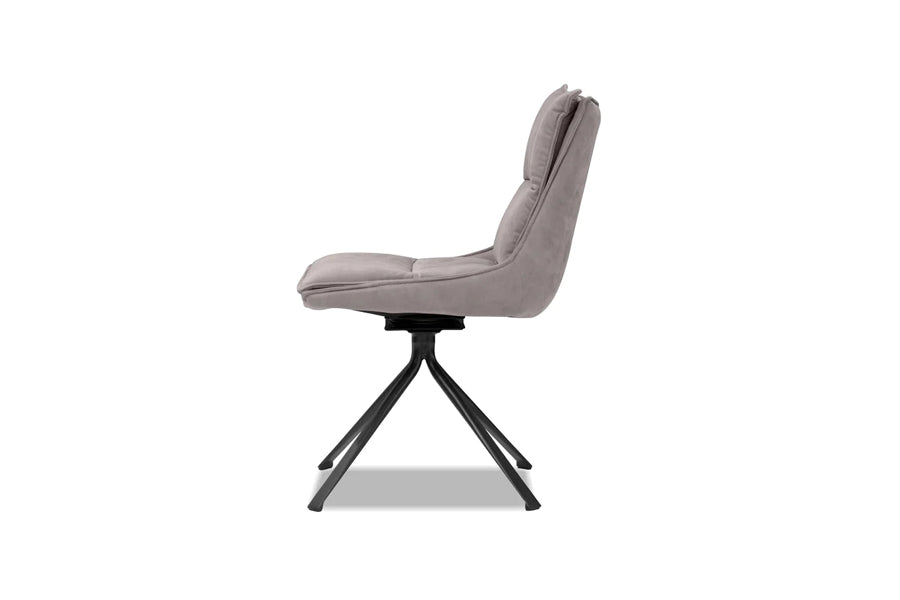 Puccini Swivel Dining Chair by Mobital, showing side view of puccini swivel dining chair in rhino ultra suede/black powder coated legs.