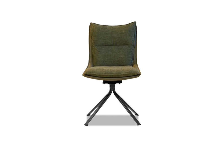 Puccini Swivel Dining Chair by Mobital, showing front view of puccini swivel dining chair in evergreen fabric/black powder coated legs.